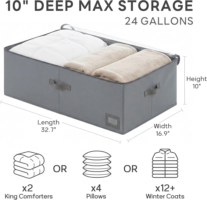 10" High Capacity Under Bed Storage Bins (3-Pack, Charcoal Grey), Deep 600D Heavy Duty Oxford Fabric Organizer Containers with Matching Vegan Leather Handles for Comforters, Pillows & Blankets - Image 2