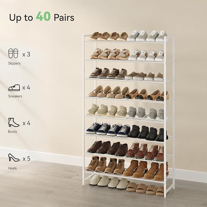 Nunsino Shoe Rack for Closet, Metal Shoe Organizer, 8 Tier Garage Shoe Rack Max Holds 40 Pairs,Shoe Storage Shelf,Entryway, White - Image 5