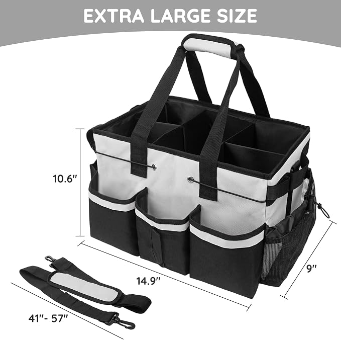 ZKOO Large Cleaning Caddy Bag with Handle, Built-in Sturdy Support Board, Adjustable Shoulder Strap, Multi-compartment Design Cleaning Supply Tote for Cleaners & Housekeepers (White) - Image 4