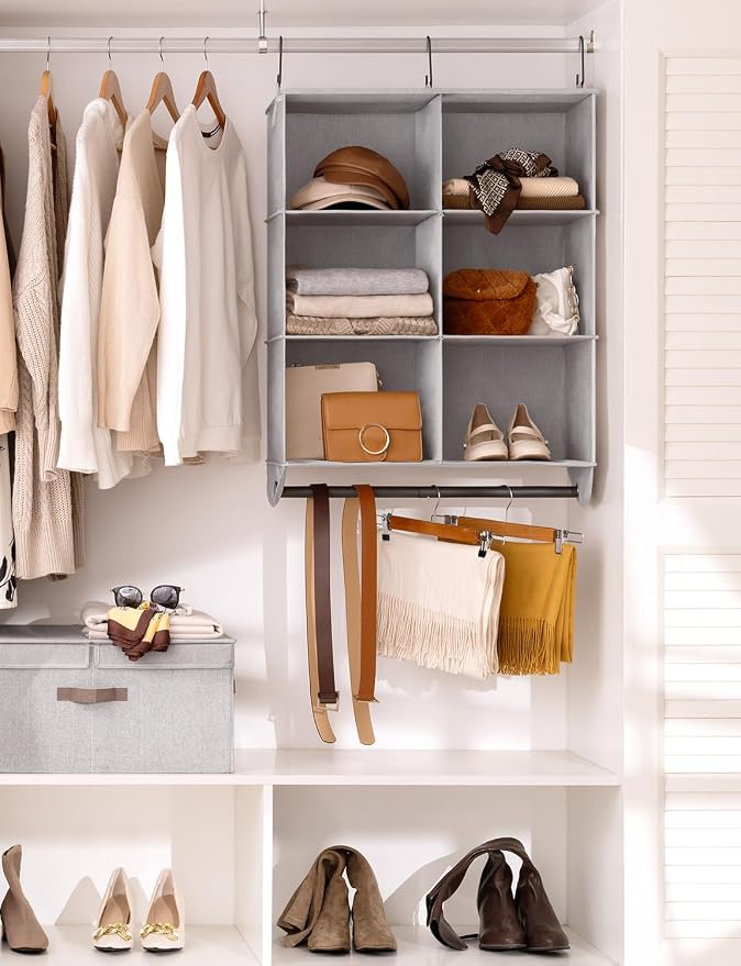 StorageWorks Hanging Closet Organizer with Rod, 6 Sections, 3 Tiers | Maximize Closet Space with 6 Open Sections and Built-in Rod for Hanging Clothes Below, Grey and White - Image 2