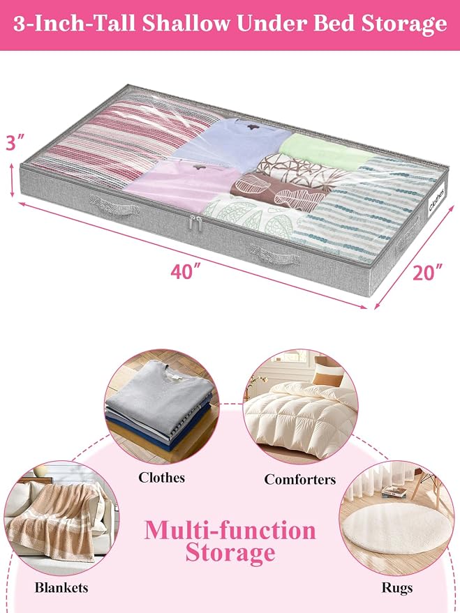 3-in Low Profile Under Bed Storage, No Structure, 2-Pack, Gray | 3" Ultra-Slim, Clear Lid, Reinfoced Handles & Smooth Zips, Dustproof & Waterproof, for Low Bed, Couch, Crib Storage - Image 3