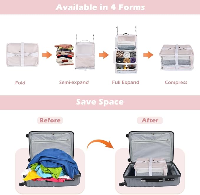 Surblue Hanging Shelves Travel Storage Bag Compression Packing Cube for Suitcase Collapsible with Extension Layer Large Capacity, Pink,XL - Image 3