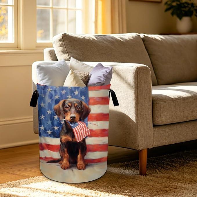 4th of July Flag Dog Laundry Basket Foldable Oxford Laundry Hamper With Handle For Room Bathroom Bedroom - Image 5