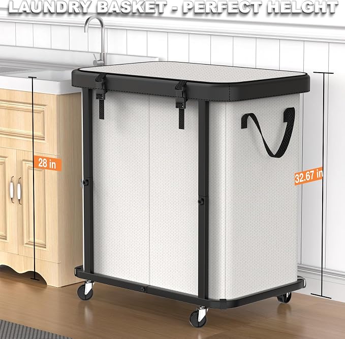 Laundry Basket with Wheels,190L (50 Gal) Laundry Hamper 2 Setion - Beige - Image 4