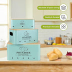 Kitchen Vegetable Storage Set of 3, Metal Onion Garlic Potato Storage Set, Kitchen Canisters Vegetable Keeper Containers with Aerating Holes and Bamboo Lid，Blue - Image 5