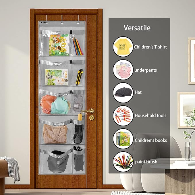 Weekly Kids Clothes Organizer Day of Week School Clothing Storage Monday to Friday Hanging Closet Organizer (GREY) - Image 2