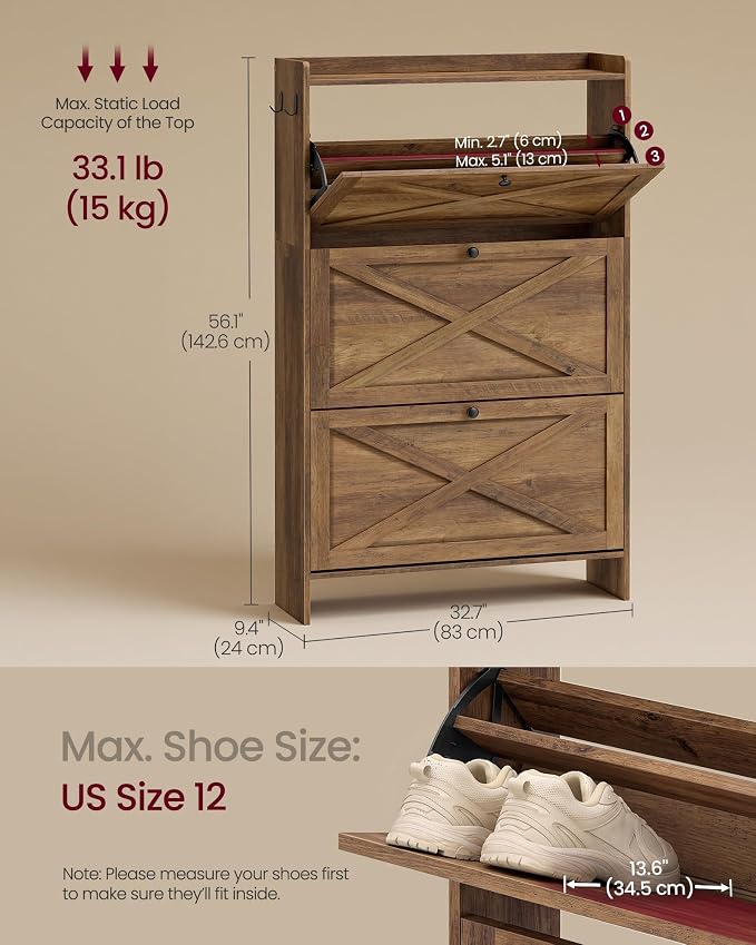 VASAGLE Narrow Shoe Storage Cabinet Organizer with 3 Flip Drawers | Freestanding Shoe Rack, Fits 14 to 16 Pairs, for Entryway, Farmhouse Style, Rustic Brown, HANIS Collection UHSC303KB01S - Image 2