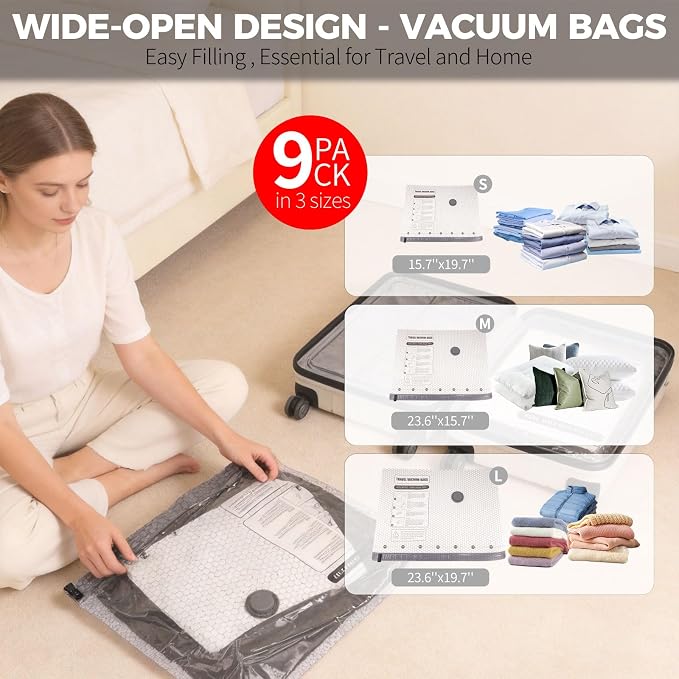 9 Pack Vacuum Storage Bags for Travel with Pump, 3 Sizes - Image 3