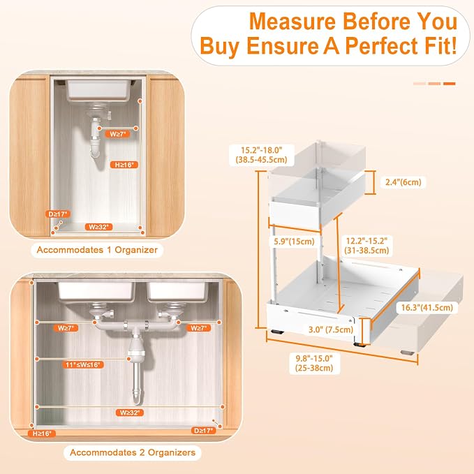YJHome 2 Pack Expandable Under Sink Organizer, 2 Tier Pull Out Cabinet Organizer with Smooth Ball Bearing Slides, Adjustable Height Cabinet Storage Shelves for Kitchen, Bathroom, Laundry, Pantry - Image 7