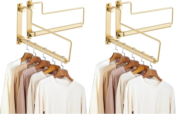 NEWRAIN Clothes Drying Rack, Laundry Racks for Drying Clothes, Wall Mounted Swing Arm Clothes Hanger for Laundry Room, Garage, Indoor & Outdoor Use,Brushed Gold (Pack of 2) by NEWRAIN