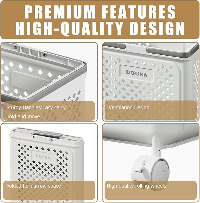 49L Collapsible Laundry Baskets, Plastic Laundry Hamper with Handles, Foldable Laundry Bin, Laundry Basket with Wheels for Laundry Room Organization, Ideal for Clothes, Towels, Blankets, White - Image 2