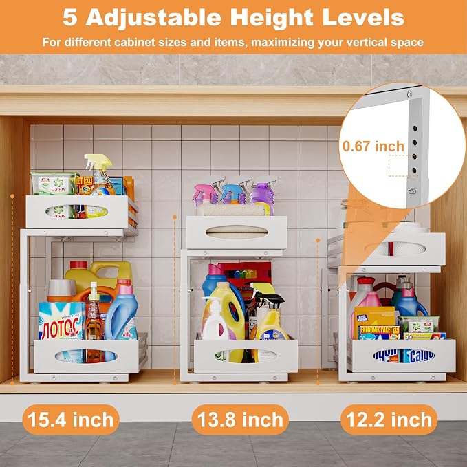 Under Sink Organizer, 2 Tier Under Sink Organizers and Storage, Adjustable Height, Slide out Metal Cabinet Organizers, Pull out Cabinet Storage Drawer Shelf for Kitchen Bathroom (White, 2 Pack) - Image 6