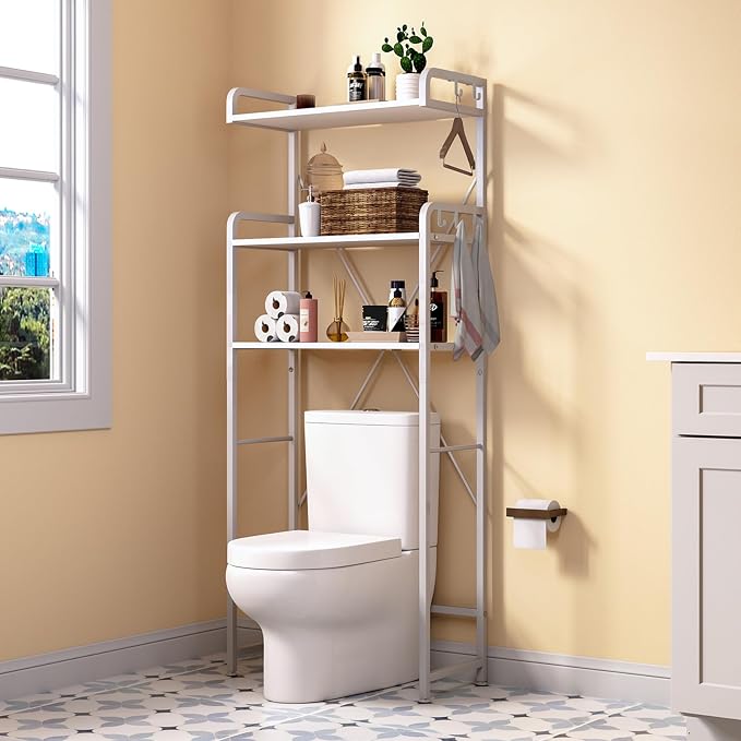 Huhote Over The Toilet Storage Rack with 3-Tier Bathroom Shelves, Space Saver Toilet Shelf, Bathroom Storage Organizer with Hooks for Over Toilet Storage and Shelf (White) by Huhote