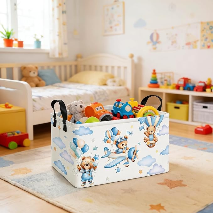 Rectangular Collapsible Laundry Basket with Side Handles, Blue Pilot Bear - Image 4