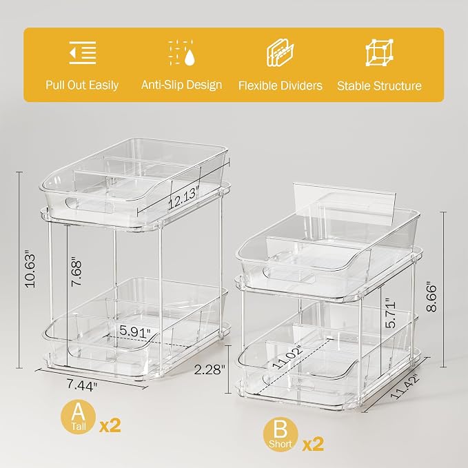 Delamu 2-Tier Under Sink Organizers and Storage, Multi-Purpose Stackable Bathroom Cabinet organizers, Pull Out Kitchen Pantry Organization and Storage with Dividers(4 Pack, Clear) - Image 5