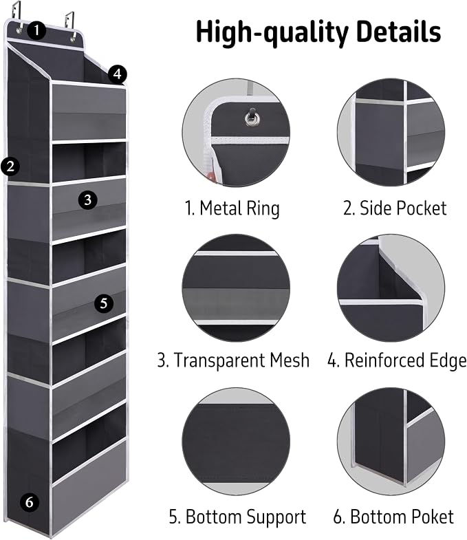 TYMENSH Gray Over Door Organizer with 5 Large Clear Pockets and 6 Side Mesh Pockets, Anti-Tilt Hanging Door Storage for Closet, Bathroom, Bedroom, Dorm, Nursery, Toys - Image 4