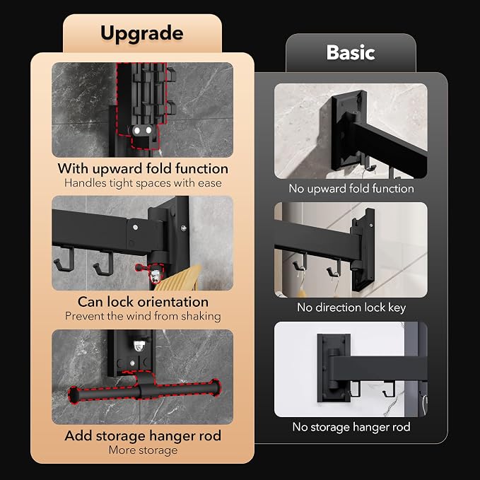 ZdwCyl Wall Mounted Clothes Hanger,Clothes Drying Rack,Laundry Drying Rack,Drying Rack Clothing,Laundry Hanger Rack,Retractable Dryer Racks,Collapsible, Aluminum,can be Fold Upward & Left & Right - Image 2