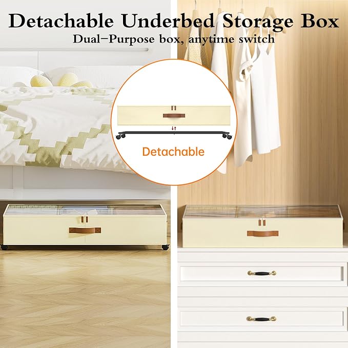 Yecaye Under Bed Storage with Wheels, 4 Pack Under Bed Storage Containers with Adjustable Dividers & Clear Window, Rolling Underbed Organizer Bins Drawers for Clothes, Shoes, Blankets, Beige - Image 5