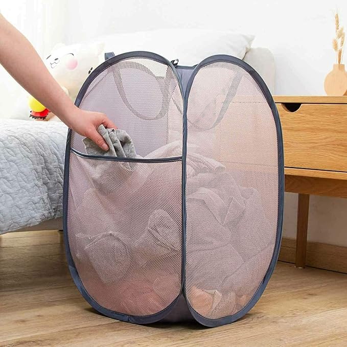 Larpur 2 Pcs Popup Mesh Laundry Baskets, Collapsible and Portable Clothes Washing Laundry Hampers with Reinforced Carry Handles, Gray Clothes Hamper for Home, Travel, College Dorm - Image 7