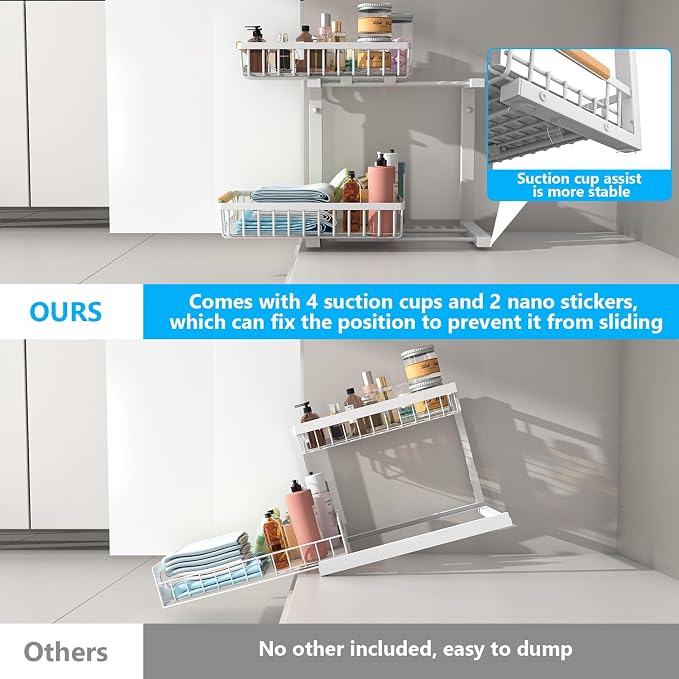 Merrylun Under Sink Organizers,5 Adjustable Height，Metal Pull Out Under Sink Organizers and Storage Shelves with Sliding Drawer, White 1pack（Hight 13.6″-16.9″） - Image 3