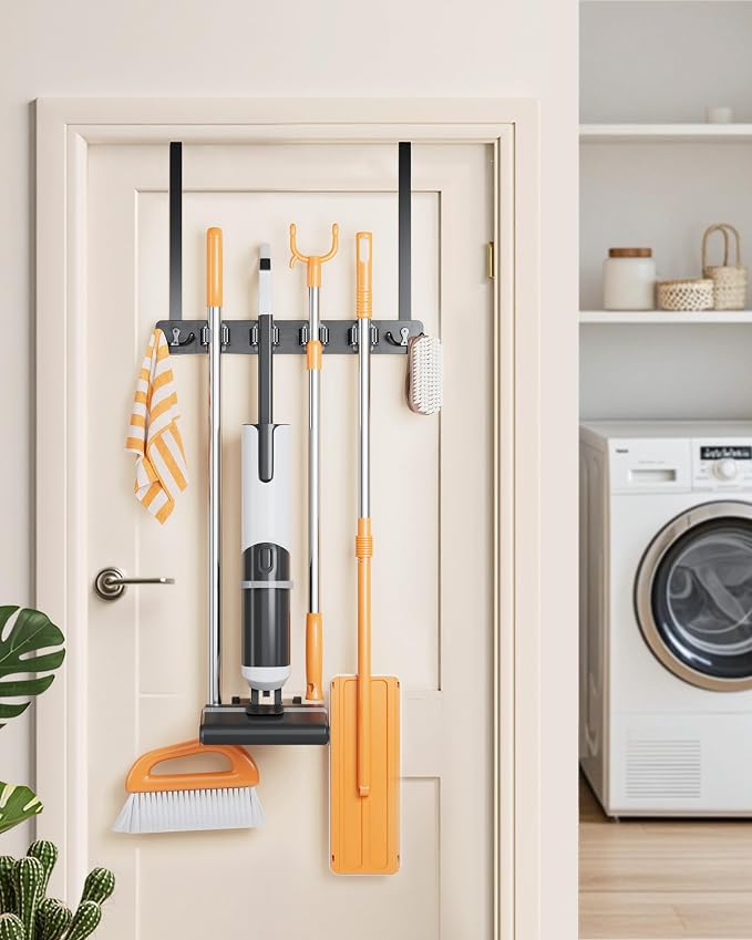 Mop and Broom Holder Wall Mount, No Drill Over the Door, Black - Image 2