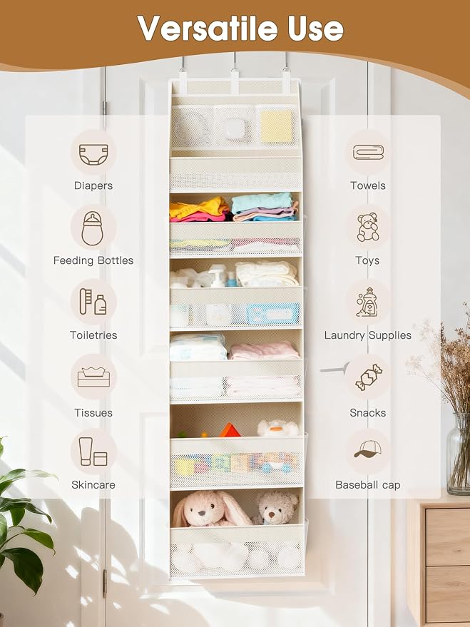 Criusia Over the Door Organizer, 6-Shelf Closet Hanging Storage with 13 Mesh Pockets, 55lbs Capacity Behind the Door Storage for Baby Nursery, Bathroom, Bedroom, and Dorm, Beige - Image 9