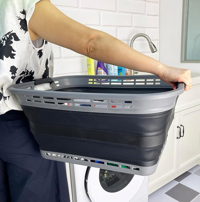 SAMMART 42L (11 Gallons) Collapsible Plastic Laundry Basket - Foldable Pop Up Storage Container/Organizer - Portable Washing Tub - Space Saving Hamper/Basket [BPA Free] (Grey/Black (Set of 2)) - Image 3
