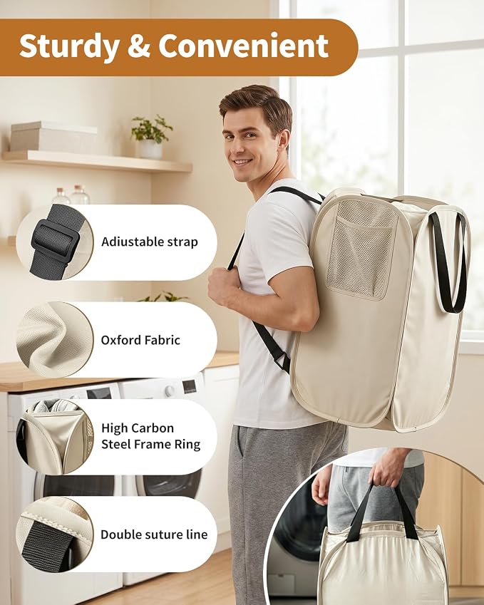 House Again 2 Pack 76L Laundry Backpack, 210D Oxford Heavy Duty Laundry Bag Backpack with Adjustable Shoulder Straps,Foldable Laundry Bag for College Dorm and Travel, Beige - Image 3