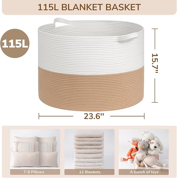 INDRESSME 115L Extra Large Woven Rope Blanket Basket Living Room - Image 2