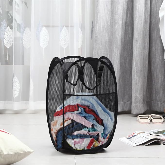 Mesh Pop up Laundry Hamper with Portable Handles, Collapsible Laundry Basket for Storage, Folding Pop-Up Clothes Hampers for Home, College Dorm or Travel, Black - Image 6