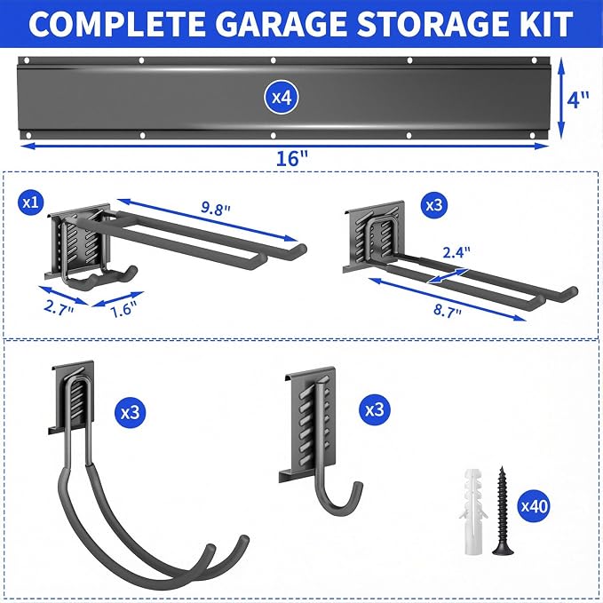 Garage Tool Organizer Wall Mount, 64 Inch Heavy Duty Garden Tool Organizer Storage System, Easy Install with 10 Adjustable Hooks, for Garage, Basement, Shed, Workshop, Black, Steel - Image 7