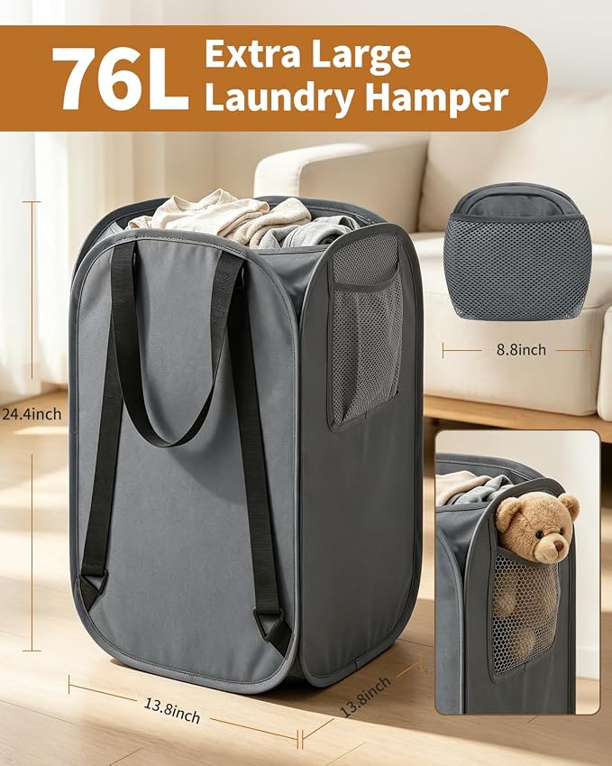 House Again 76L Laundry Backpack, 210D Oxford Heavy Duty Laundry Bag Backpack with Adjustable Shoulder Straps, Foldable Laundry Bag for College Dorm and Travel, Grey - Image 2