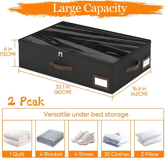 OIAHOMY 2 Pack 38L Under Bed Storage with Adjustable Dividers, 6" Low Profile Underbed Storage Bins for Comforters & Clothes, Save Closet Space with Clear View Lid & Reinforced Handles, Black - Image 2