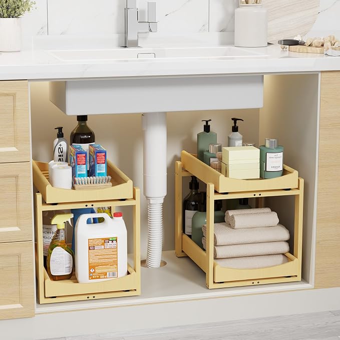 Bamboo Under Sink Organizer Adjustable Height 2 Tier Bathroom Organizer Pull Out Cabinet Storage Kitchen Heave Duty Wood Slide Ou Shelf for Kitchen Bathroom (Black, 2 Packs) (Nature, 2 Packs) by Unknown