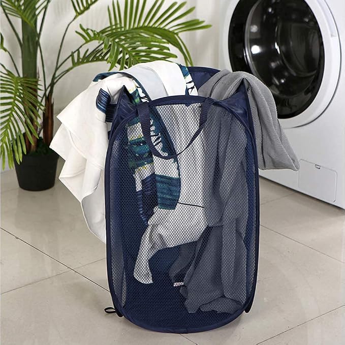 Larpur Popup Mesh Laundry Basket, Collapsible Clothes Washing Laundry Hamper with Reinforced Carry Handles, Portable Foldable Dirty Clothes Hamper for Home Dorm Cruise Travel (Blue) - Image 5