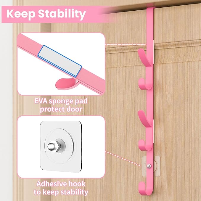 Kaiferty Over the Door Hooks, Metal Door Hooks for Hanging, Over the Door Purse Organizer for Coat Hanger, Back of Shower Door for Hanging Towel Rack Clothes, Hat, Bathroom, Closet (Pink-3Packs) - Image 5