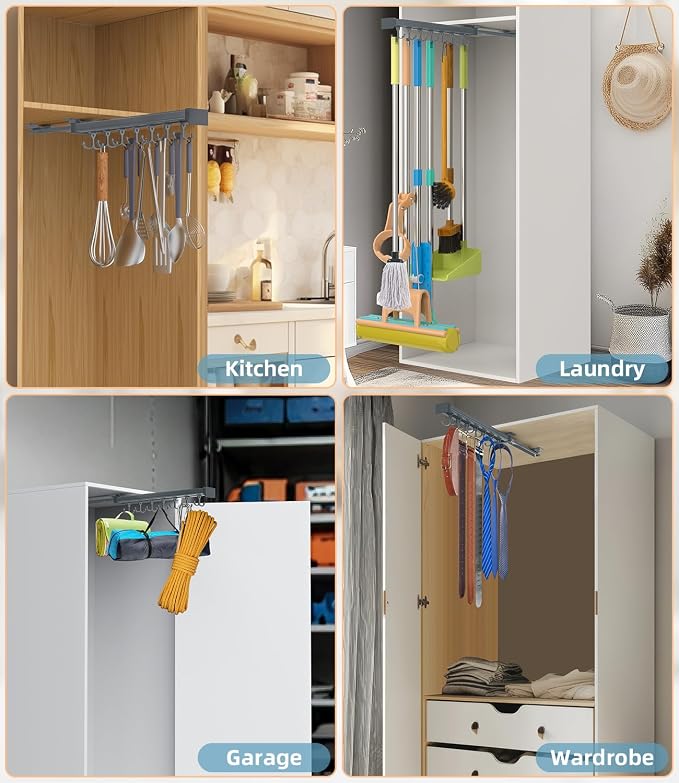 Pull Out Broom Holder With Adjustable Double Row Sliding Hook-Grey 16.14in - Image 6