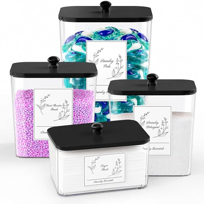 COAZEX 4 Pack Clear Laundry Pods Container & Dryer Sheet Holder,Black Lids by COAZEX