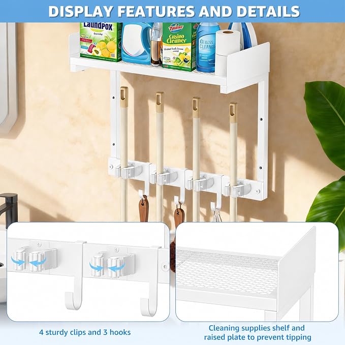 Mop Broom Holder Wall Mount with Top Shelf, Broom Organizer Wall Mount - Image 4