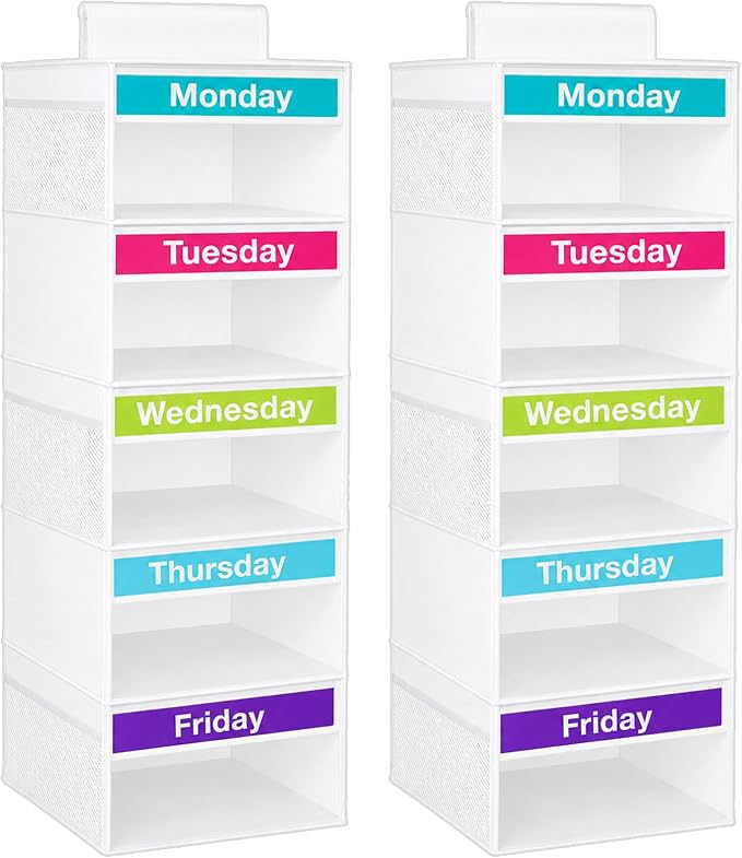 Weekly Clothes Organizer for Kids, Days of The Week Clothes Organizer with 6 Side Pockets, 5-Shelf Hanging Closet Organizer with Monday Through Friday Labels, Weekly Clothing Prepare & Divider by Unknown