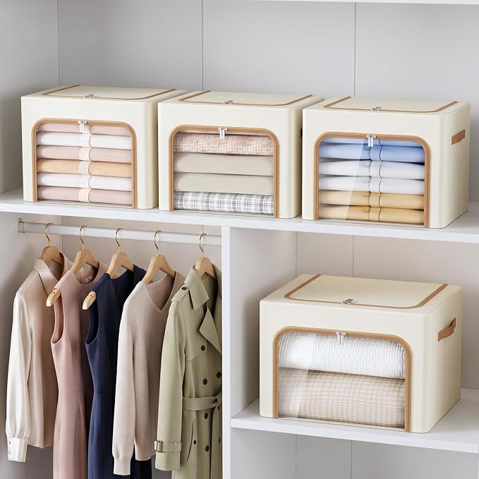 Yecaye 3-Pack 40L Clothes Storage Bins, Storage Bags for Clothes, Beige - Image 2