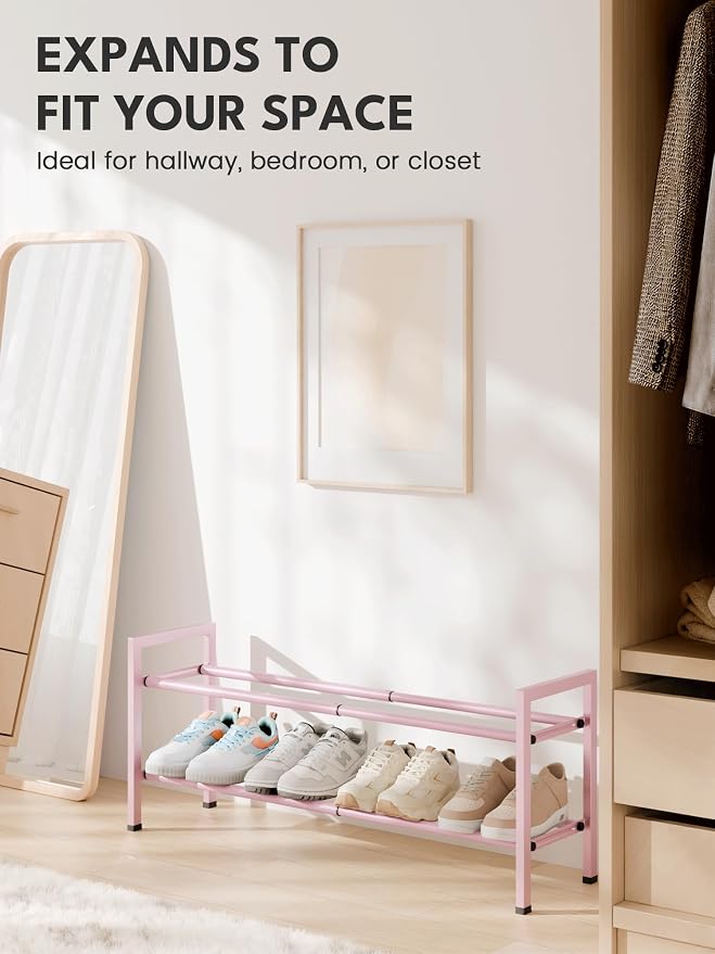 Bumusty 2 Tier Expandable Shoe Rack for Closet, Pink | 18"-33" Adjustable Shoe Rack for Entryway, Small Shoe Organizer for Dorm, Front Door, Sturdy Metal - Image 5