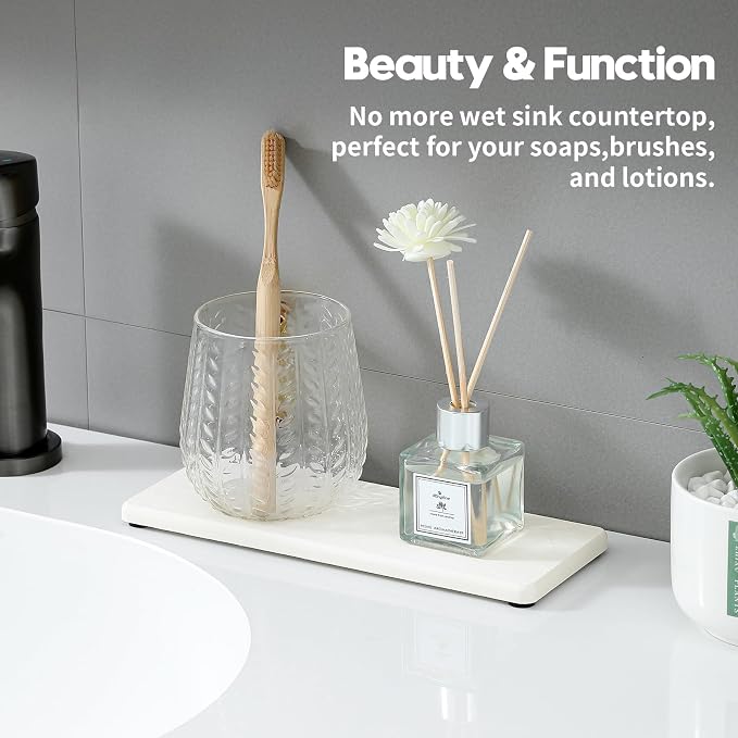 2PCS White Water Absorbing Diatomite Stone Drying Soap Dish Sink Vanity Tray for Bathroom/Kitchen Counter, Sponge Holder Mat Dispenser Rack Faucet Splash Guard Caddy Organizer, 9"x3.5" - Image 2