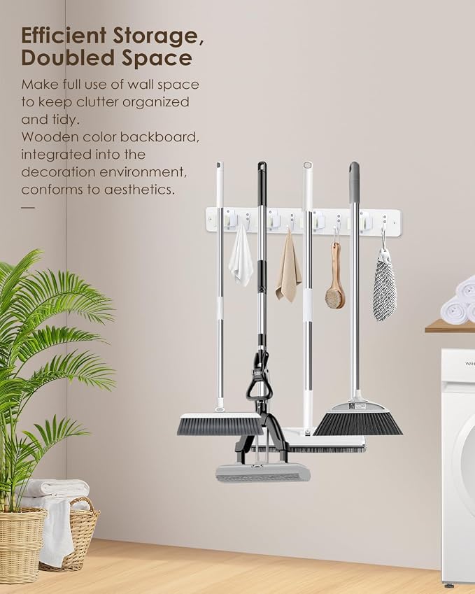 Broom Holder Wall Mounted, 2 Pack White 4 Holders and 4 Hooks Mop Holder, Wooden Mop and Broom Holder with Anti slip rubber, Natural pine wood Brush Holder, Mop Wall Holder with Nail installation - Image 5