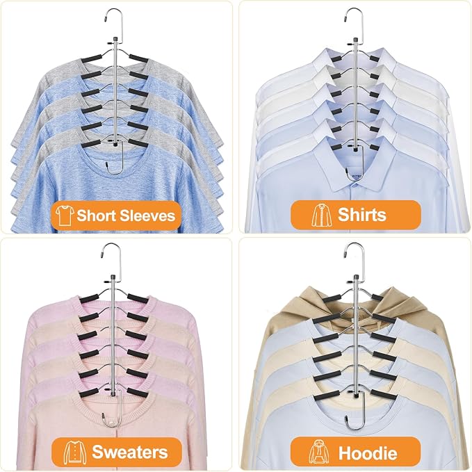 TOPIA HANGER Clothes Hanger Space Saving, 6 Tier Shirt Coat Hangers Space Saving No Bump Shoulder Hangers with No Slip Foam Padded Hangers Organizers and Storage for Men and Women 4 Pack-CT65B - Image 6