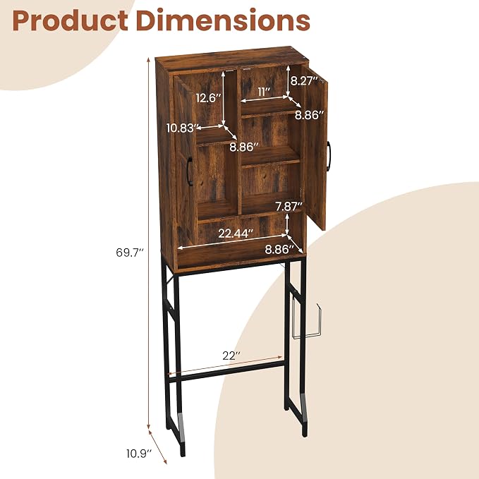 Over The Toilet Storage Cabinet,23.6" W Bathroom Organizer, Brown - Image 2