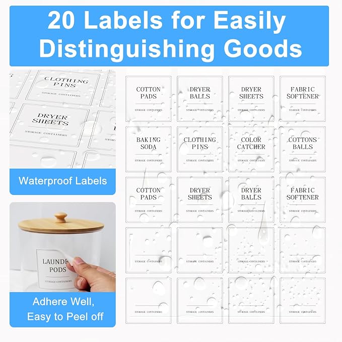 3+1 Pack Laundry Pods Containers & Dryer Sheet Holder & Laundry Detergent Dispenser, Laundry Room Organization and Storage Jars with Lids, Labels and Scoops for Scent Booster, Powder, Pods - Image 4