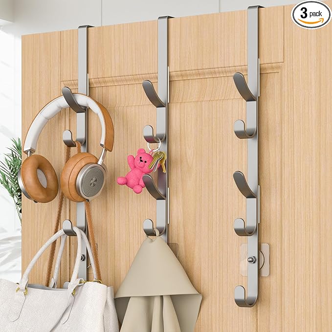 Kaiferty Over The Door Hooks, Metal Door Hooks for Hanging, Over The Door Purse Organizer for Door Coat Hanger, Back of Shower for Hanging Towel Rack Clothes, Hat, Bathroom, Closet (Silver-3Packs) by Kaiferty