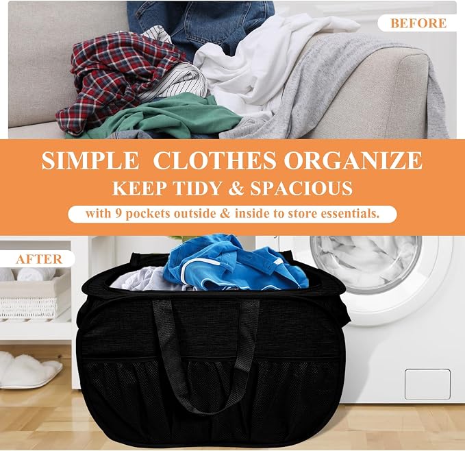 Collapsible Laundry Baskets with Lid, Foldable Laundry Basket with Pockets, Pop Up Laundry Hamper with Dual Handles, 99L Sturdy Clothes Hampers for Clothes, Groceries, Supplies, Tools, Black - Image 3