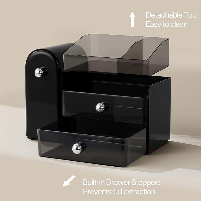 HBlife Makeup Organizer Countertop with Drawers, Cologne Organizer for Men, Vanity Organizers with Brush Holder, Bathroom Countertop Organizer Skin Care Storage, Gift for Dad Husband, Black Silver - Image 5